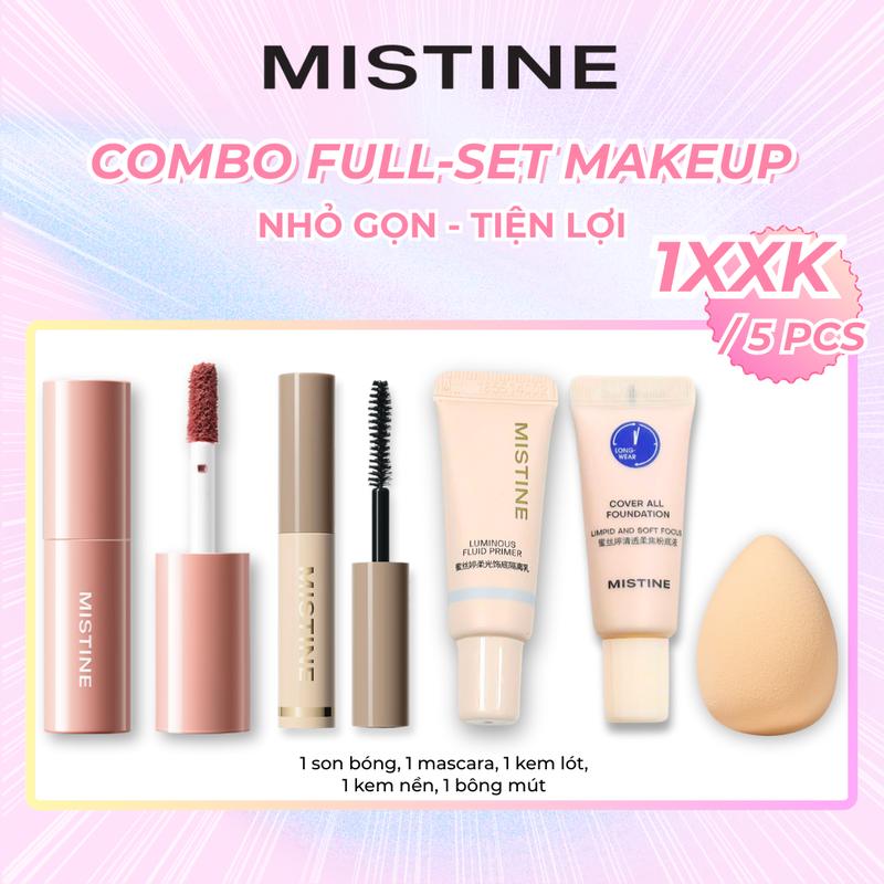  【maitrinh0912-CFV  KOC  Combo Full-Set Makeup Nhỏ Gọn Tiện Lợi  1 Son Bóng 1 Mascara 1 Kem Lót 1 Kem Nền 1 Bông Mút  