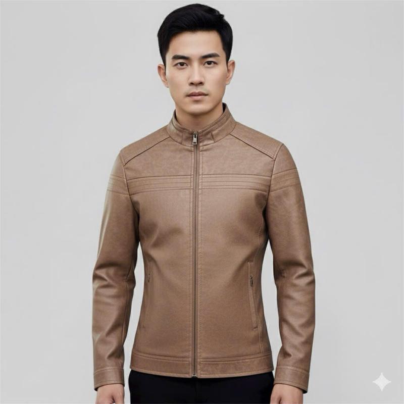 Áo khoác da nam cổ trụ 3 màu lót lông thêu viền ngang ngực hàng Quảng Châu cao cấp