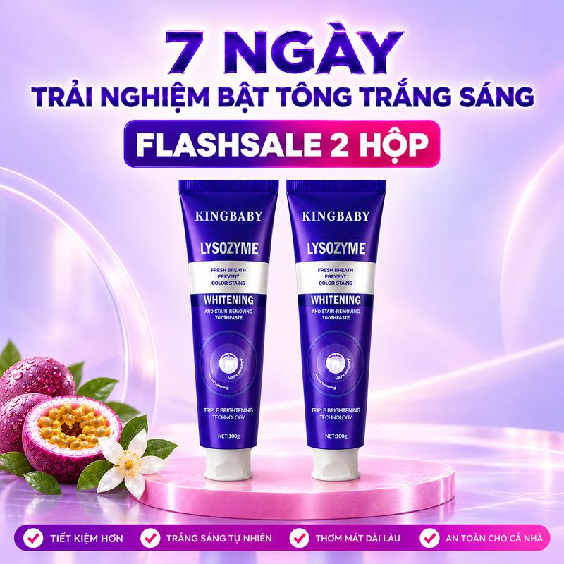 2 Hộp Kem Đánh Răng KINGBABY Lysozyme Hương Bưởi Mix Chanh Dây, Trắng Sáng Răng, Giảm Ố Vàng, Khử Hôi Miệng, Thơm Mát Hơi Thở 12H, Giảm Ê Buốt, Chăm Sóc Nướu, 100g