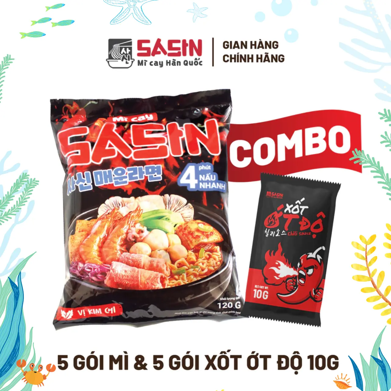 Combo 5 gói mì Sasin vị kim chi 120g+ 5 gói xốt Ớt Độ Sasin 10g