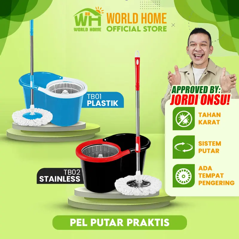 WHI X JORDI ONSU Alat Pel Lantai Ultra Pel Putar Pel Mop Tanpa Peras Tangan Kain Pel Lembut Ember Plastik 0