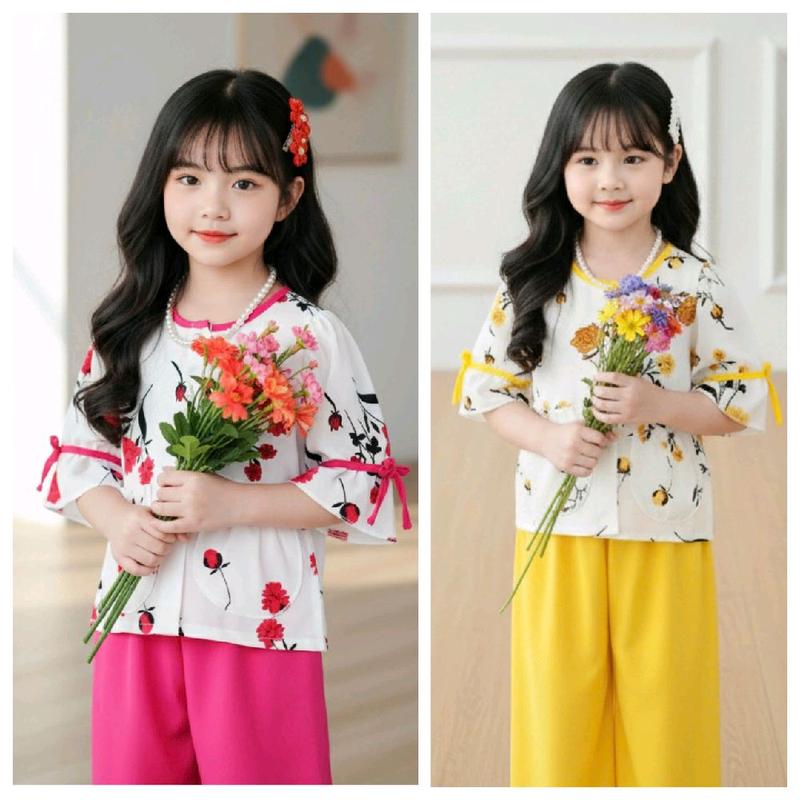    11-37kg  Áo bà ba lụa mịn kèm quần tay có phối nơ khuy nút ngọc và túi tiền cho bé gái cao 1,41m trở lại. đồ  em gái 