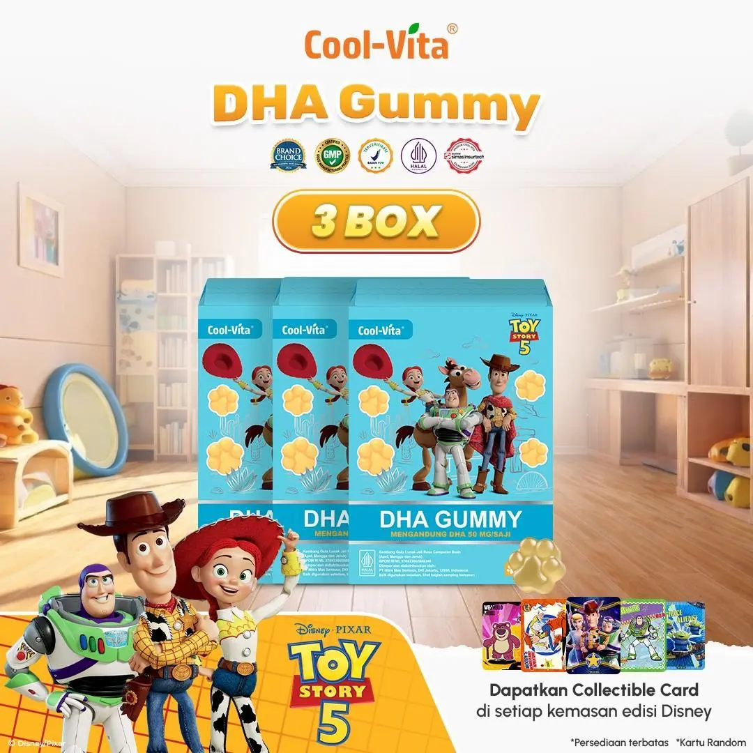 [AIO-TT] Cool-Vita - Disney Toy Story5 - 3 Box DHA Gummy  (Total 42 Gummy) Rasa Buah Mix Apel Mangga dan Jeruk Gummy Vitamin Anak (Mulai 3 Tahun) dan Dewasa| Gummy Bervitamin Dukung Tumbuh Kembang Otak Optimal| BPOM & HALAL