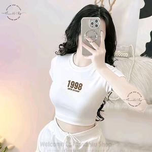 Áo Thun Croptop Basic Form Ôm Body Nữ Cổ Tròn Tay Ngắn In Hình 1988 Girl, Kích Cở S M L, Women Sò Sen Hoa Sen Dáng Ngắn Thun