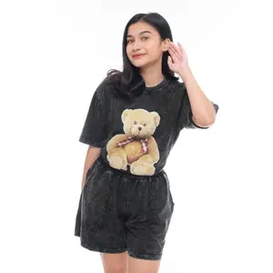 Stelan Wanita Washed Motif Labubu/Bear Cotton Combed Premium