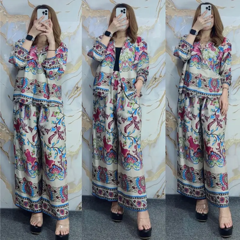 ONE SET CROP SETELAN CELANA KULOT WANITA HIGHTWAIST LENGAN 7/8 RAYON PREMIUM BUSUI FRIENDLY KANCING - SETELAN MOTIF CELANA KULOT BARU 2