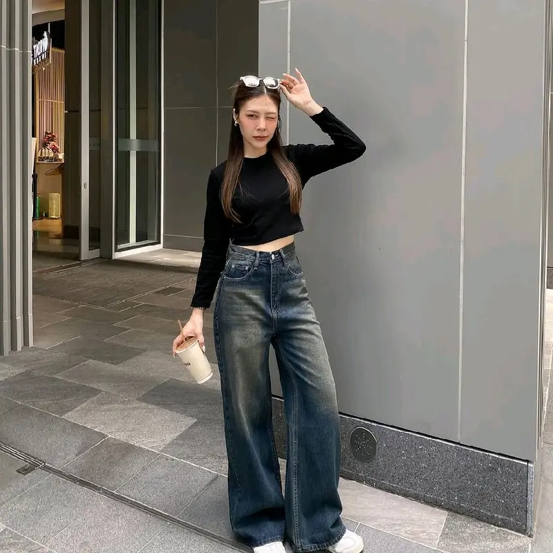(UNISEX) Celana Kulot Jeans Retro Baggy Jeans Loose Panjang 0
