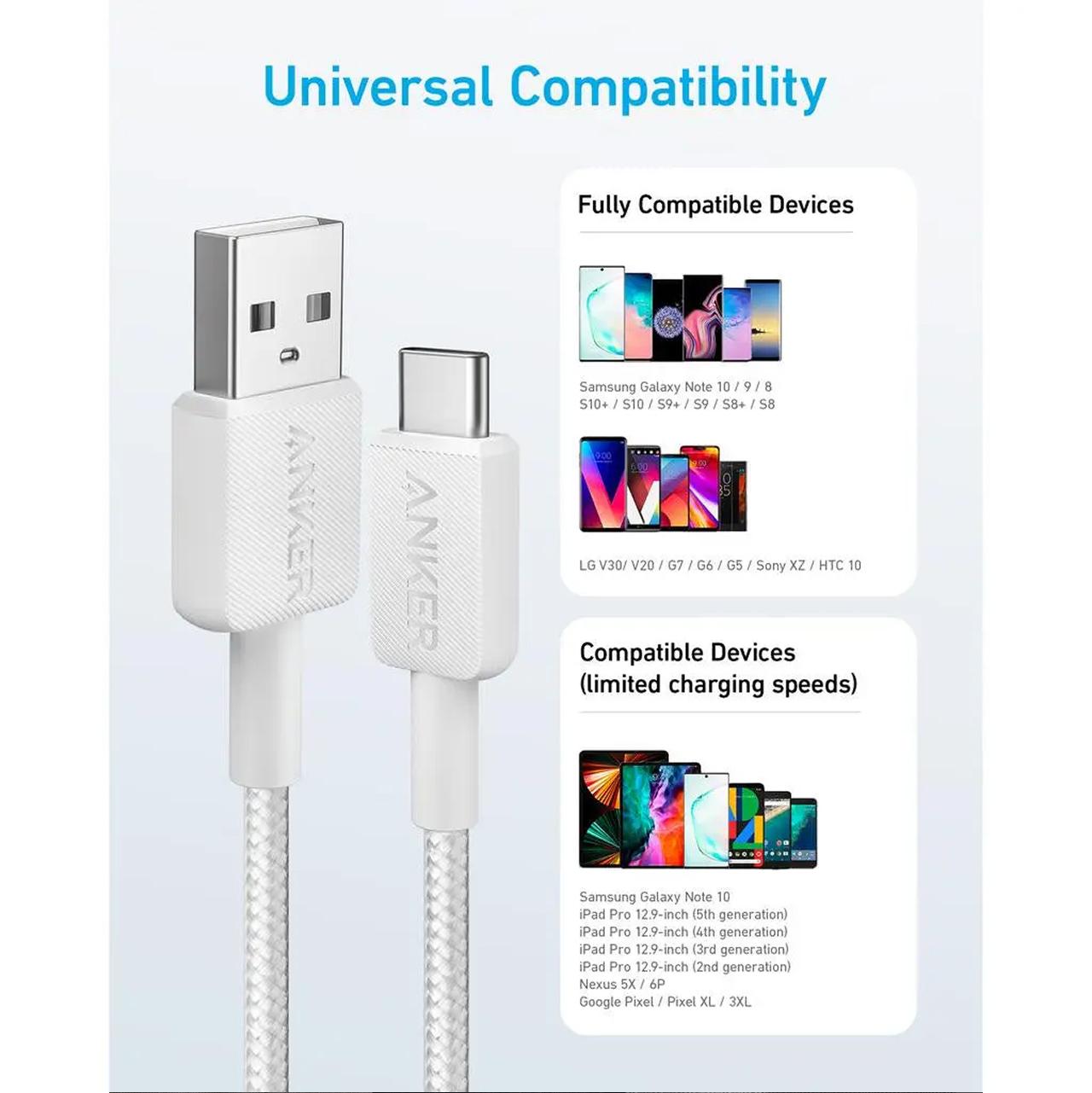 Anker Kabel Charger USB C - USB A 15W Braided 0.9m 322 Powerline - White A81H5H21