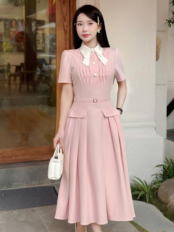 Váy Đầm Thiết Kế Ella Desgin dành cho nữ kiểu dáng midi có túi, phối cổ trắng phù hợp mặc đi chơi , đi làm , có bigsize B16