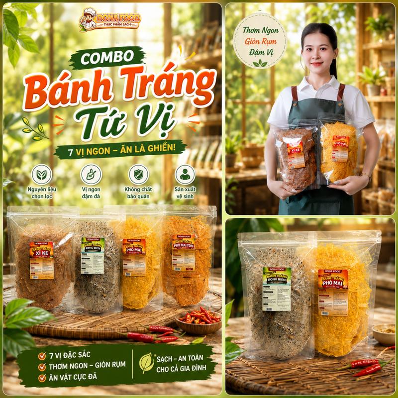 COMBO Tứ Vị Bánh Tráng Chuẩn Tây Ninh - Xì Ke, Phô Mai, Phô mai Tôm Rong Biển,…