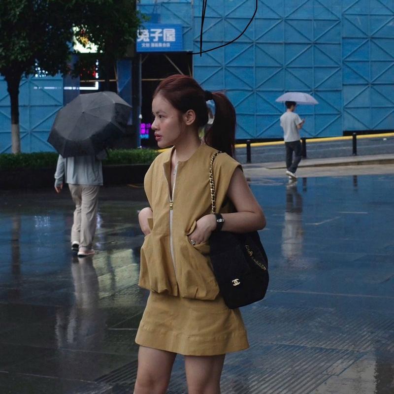 Set Áo Kiểu Túi Hộp Khoá Kéo Chất Kaki 2 Da Màu Nâu Bò Mix Chân Váy Chữ A có lót quần trong siêu xinh-Dành Cho Nữ