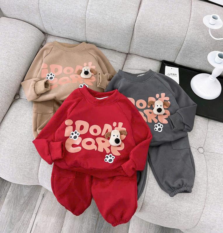 Bộ quần áo thu đông bé trai bé gái bộ quần áo nỉ iDon't Core đính kèm cún nhồi bông dễ thương cho bé trai bé gái 8-18kg