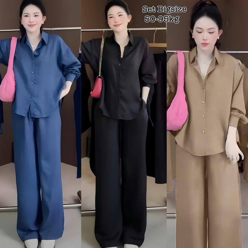 Thời Trang Nữ Bigsize 50-95kg - Set Bộ Nữ Áo Sơ Mi Nữ Tay Dài Phối Quần Dài Form Rộng Thoải Mái Bigsize Chất Đũi Vân Mây Mềm Mịn Mát Xinh Đẹp Cao Cấp Thanh Lịch, SAng Trọng, Dễ Thương Freesize 50-95kg Top Áo Sơ Mi Croptop Women - 2497