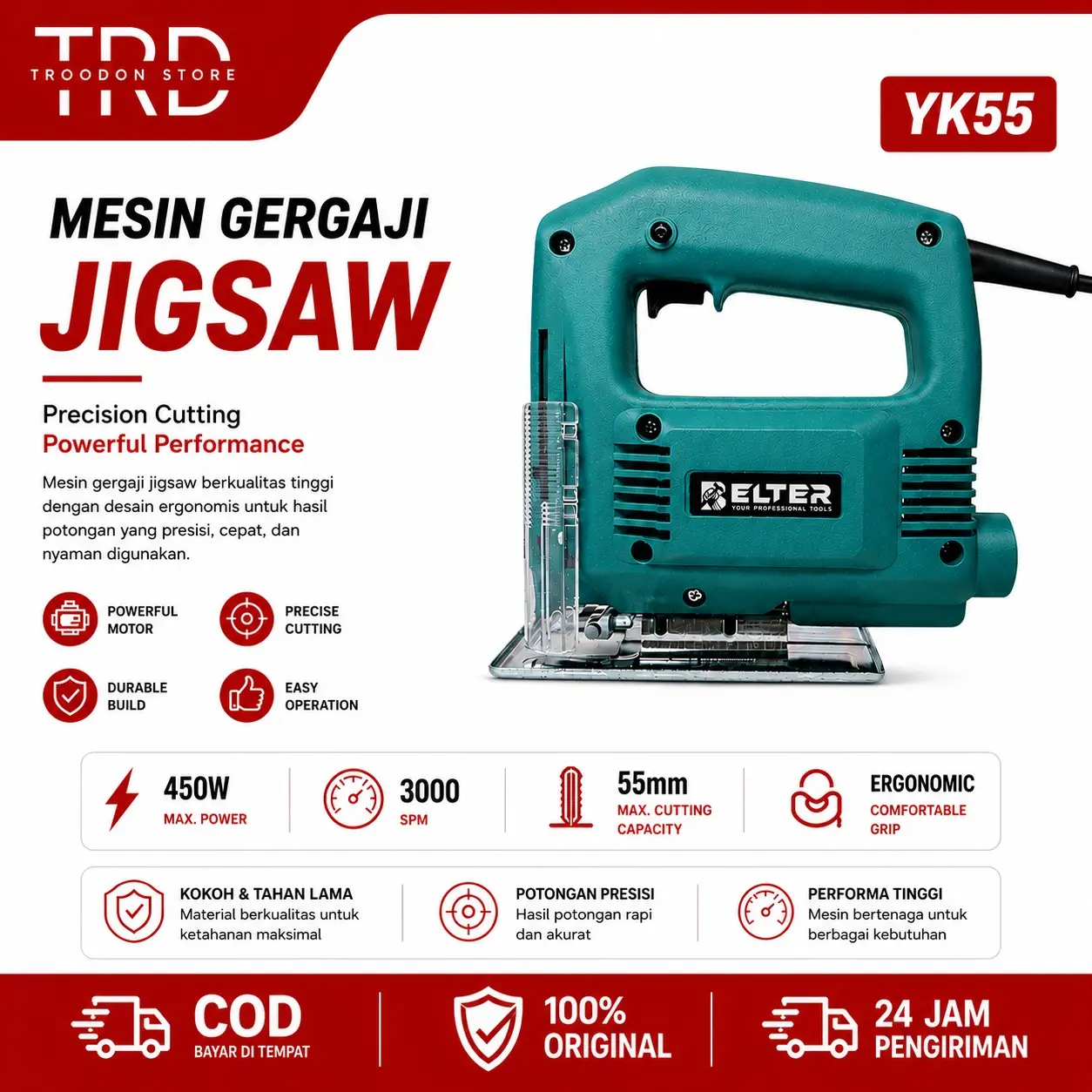 BELTER Mesin Jigsaw Listrik YK55 YK57 Gergaji Ukir Kayu Electric Jig Saw Gergaji Triplek Gergaji Potong Kayu Variable Speed 750W 220V Profesional DIY Pertukangan COD
