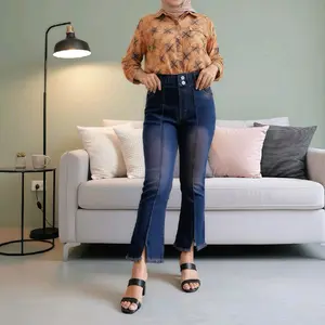NEW PRODUCT Fujian cutbray 7/9 jeans wanita pinggang karet variasi skoder garis tulang bawah rawis bahan softjeans tebal halus lembut melar Celana Cewek Denim Nyaman