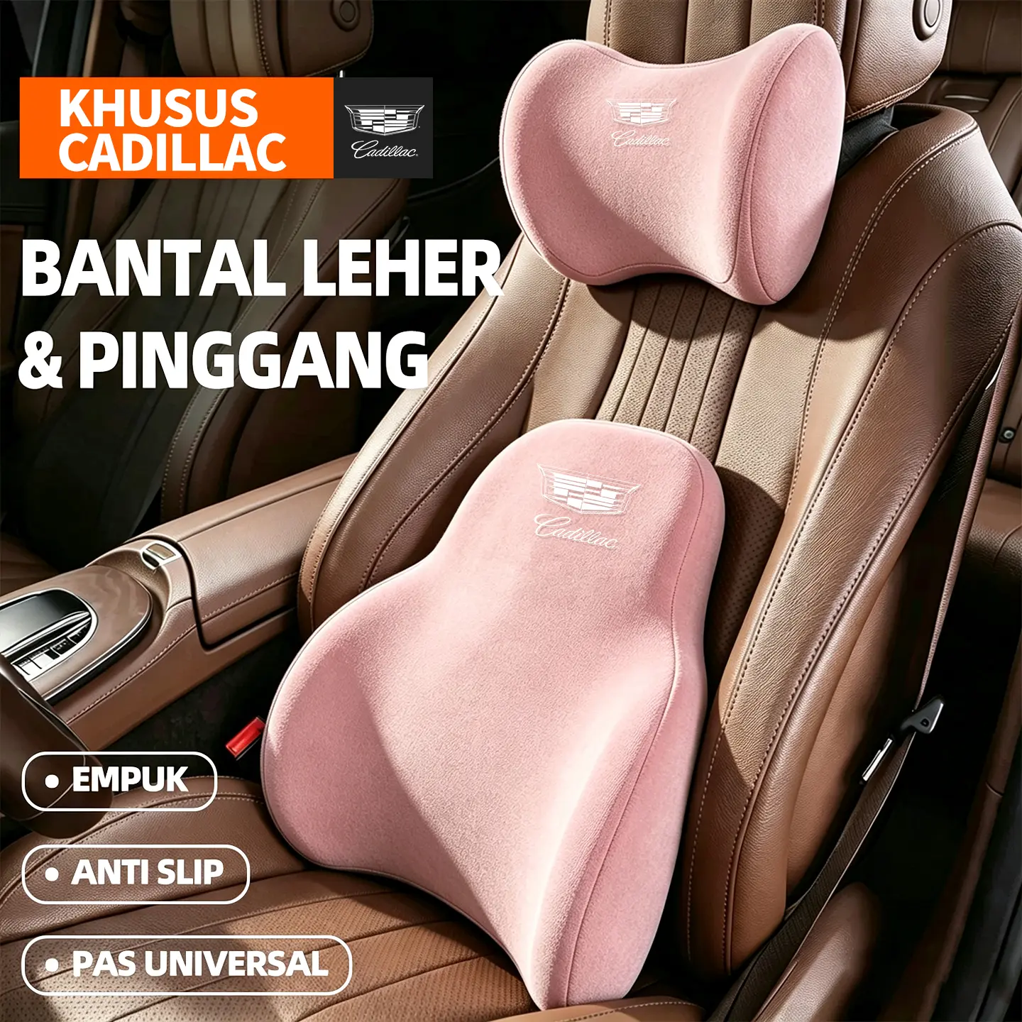 Bantal Headrest Leher & Support Pinggang Jok Mobil Suede Soft Pink Fit For Cadillac All Type