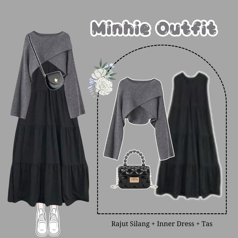 One Set Minhie Outfit ( Rajut Silang +Inner Dress + Tas ) Ootd Korean Style | Fashion Wanita Kekinian 0