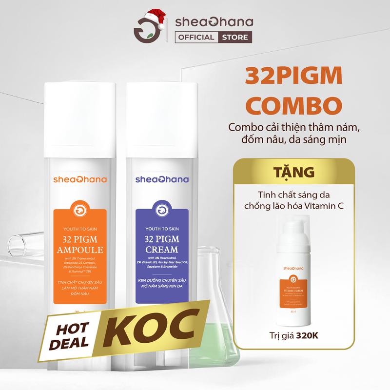 HOT DEAL CÔ HỌC Combo Bộ Đôi Mờ Thâm Nám Tinh Chất Serum 32 PIGM Ampoule và Kem dưỡng Cream 32 PIGM Tặng 1 Serum Vitamin C 15ml Sheaghana