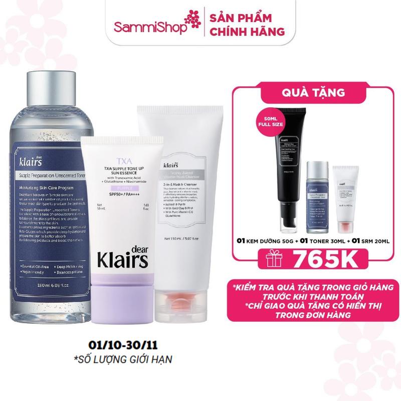 [COMBO 3 MÓN] Dear, Klairs Nước hoa hồng Supple Preparation Unscented Toner 180mL + Sữa rửa mặt Vitamin 150ml + Dear Klairs Kem chống nắng Blue/ TXA 50ml