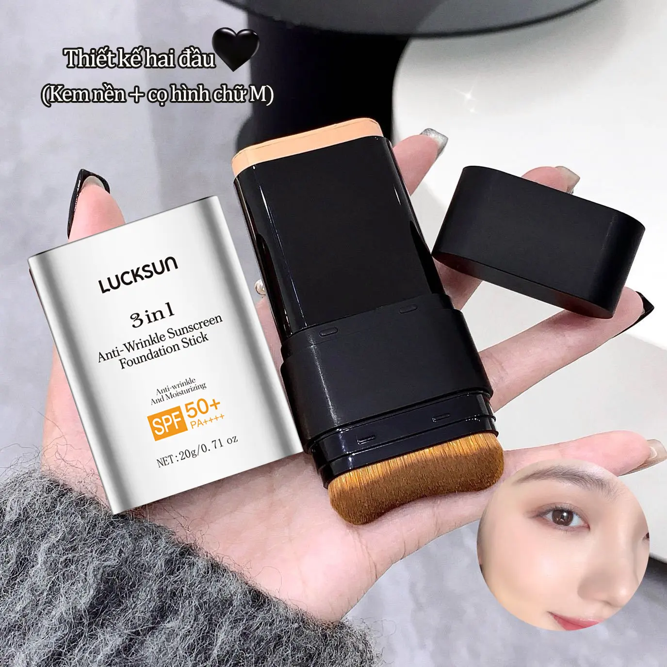 Kem Nền Chống Nắng UV, 3 Trong 1, Dán Kem BB Lì Che Phủ Hoàn Toàn, Với Cọ Lớn, Không Thấm Nước, Kiểm Soát Dầu, Hoàn Hảo, Kem Nền Hai Đầu, Có Thể Xóa, Thích Hợp Để Trang Điểm, Có SPF50 +, Kem Chống Nắng
