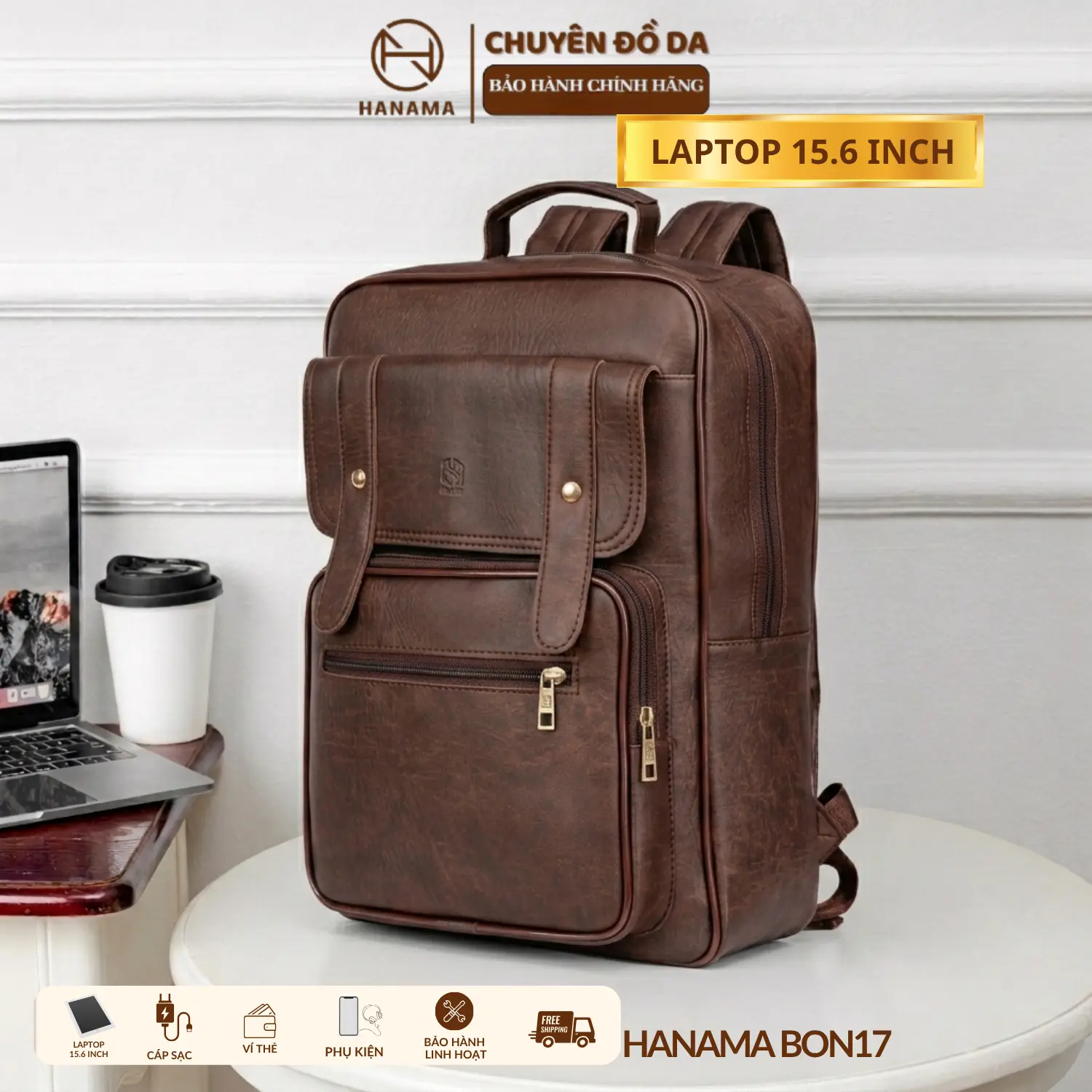 [DAILY_HANAMA]_Balo DaBag thời trang Hanama Bon17 đựng laptop đa năng Bag Đeo Vai Nhiều Ngăn Nâu - Đen khóa mạ Đồng