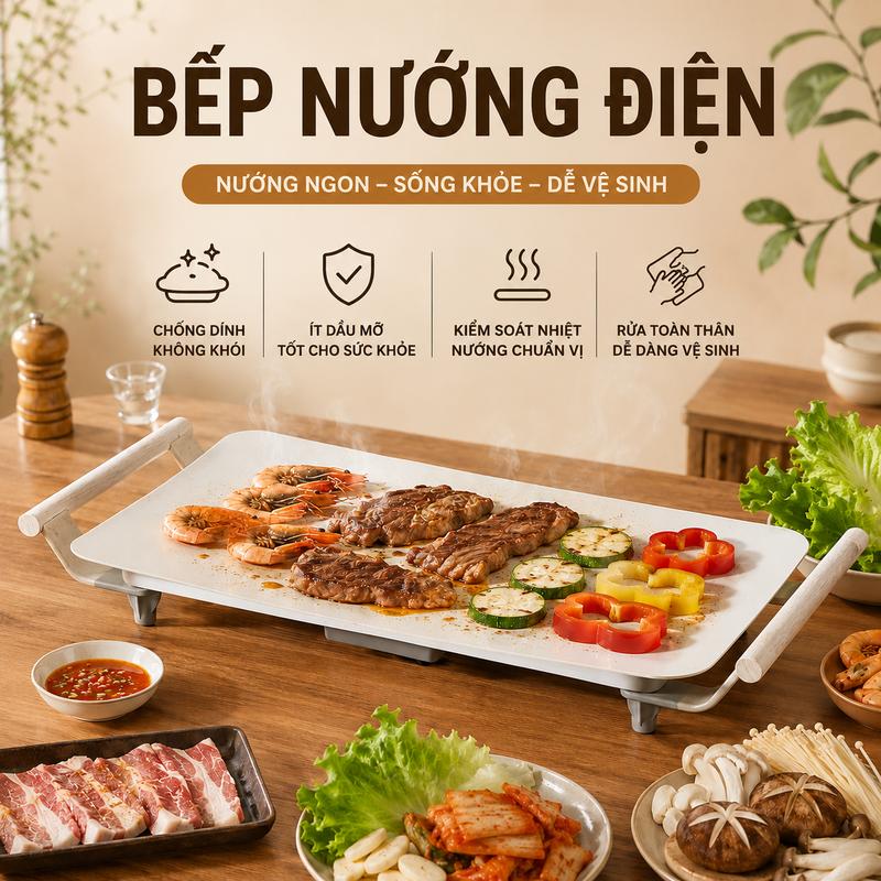 Bếp Nướng Điện Công Suất 1400w - Không Khói - Chống Dính Tuyệt Đối - Hạn Chế Dầu Mỡ - An Toàn Tiện Lợi Cho Sức Khỏe. Bảo hành 2 năm toàn quốc.