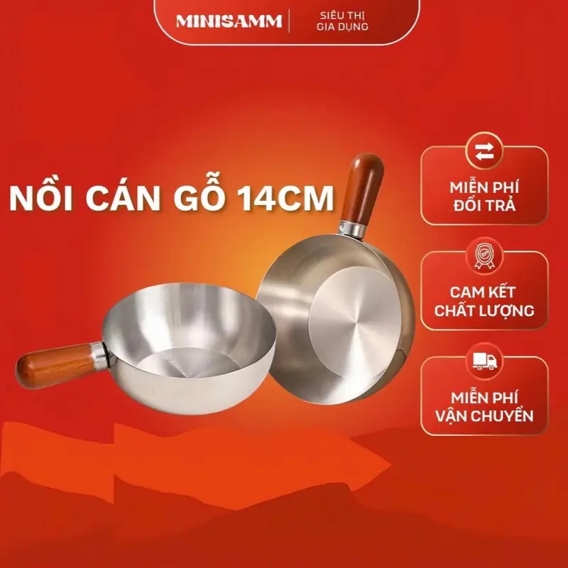 Nồi lấu mì, lấu ăn dặm cho bé nhỏ ngọn 14cm Inox 304 cao cấp, an toàn. Tay Cầm Tròn Có Thể Tháo Rời Đơn Giản,