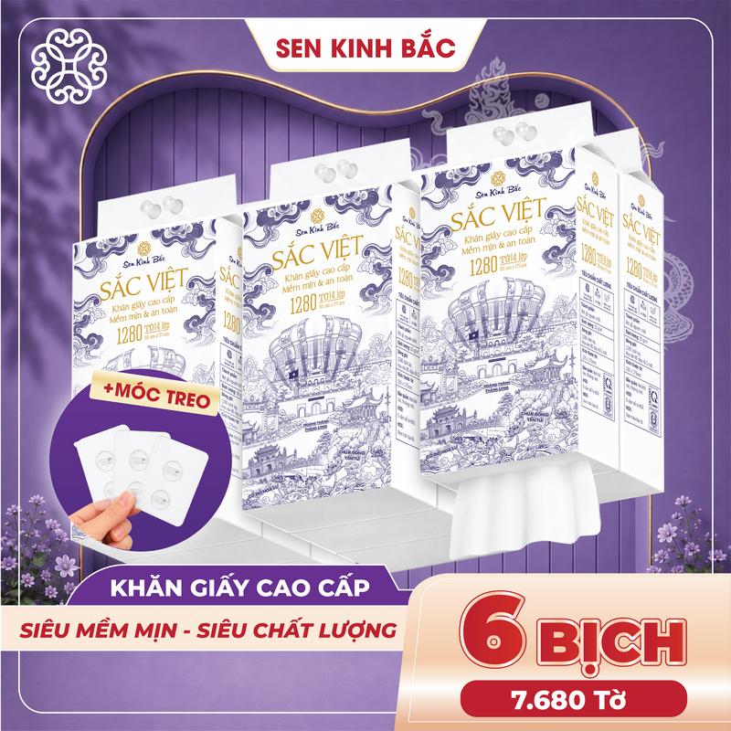 [ COMBO 6 BỊCH - SIÊU TO ] Giấy Treo Tường SẮC VIỆT 1280 Tờ 320 Lần Rút - 4 Lớp Mềm Mịn, Kích Thước 175*155mm, Thương Hiệu Sen Kinh Bắc - Thành Phần Bột Gỗ Tự Nhiên 100% , An Toàn Lành Tính.