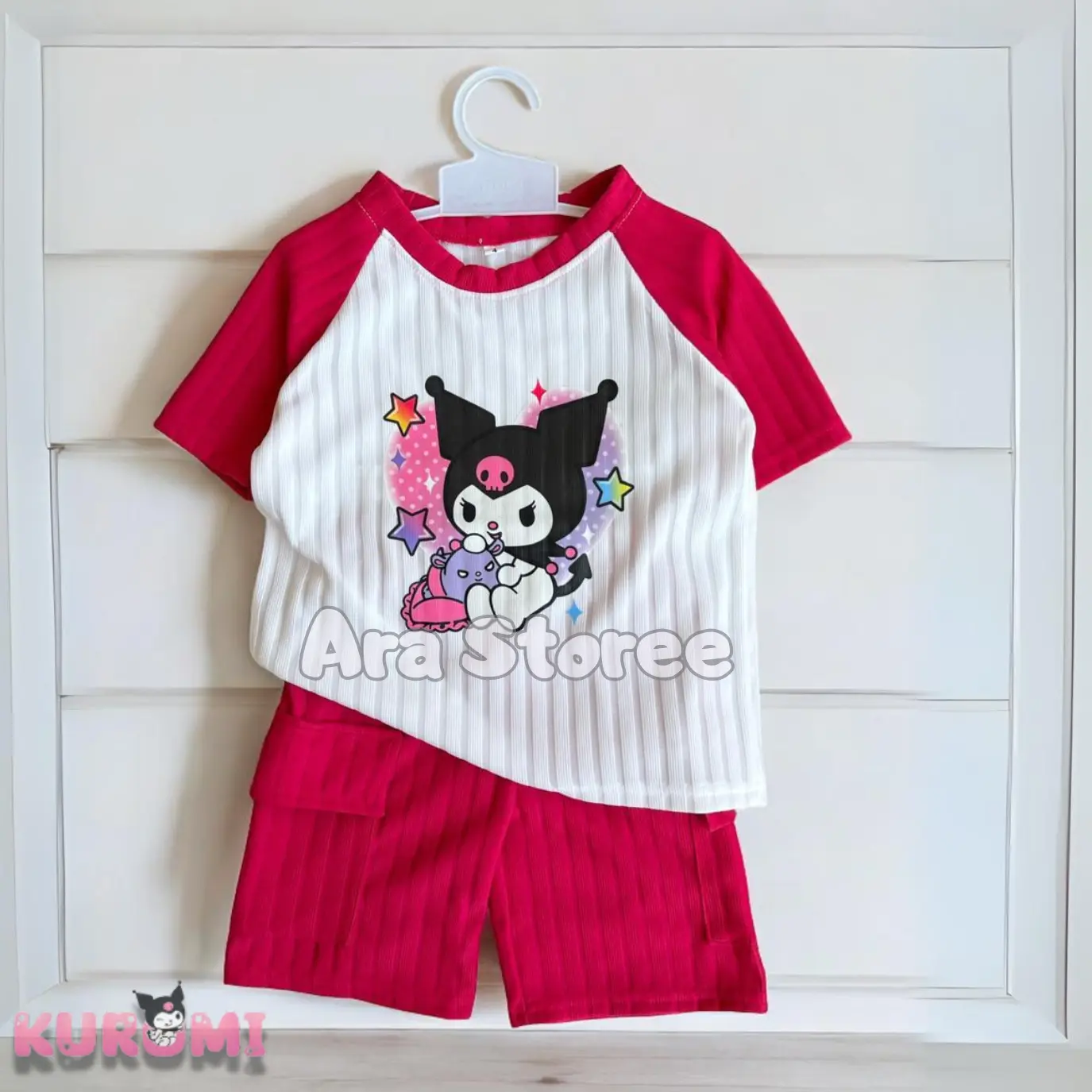 Setelan Anak Perempuan celana pendek cargo motif Kuromy Model Reglan Usia 1-10 Tahun bahan Knitt