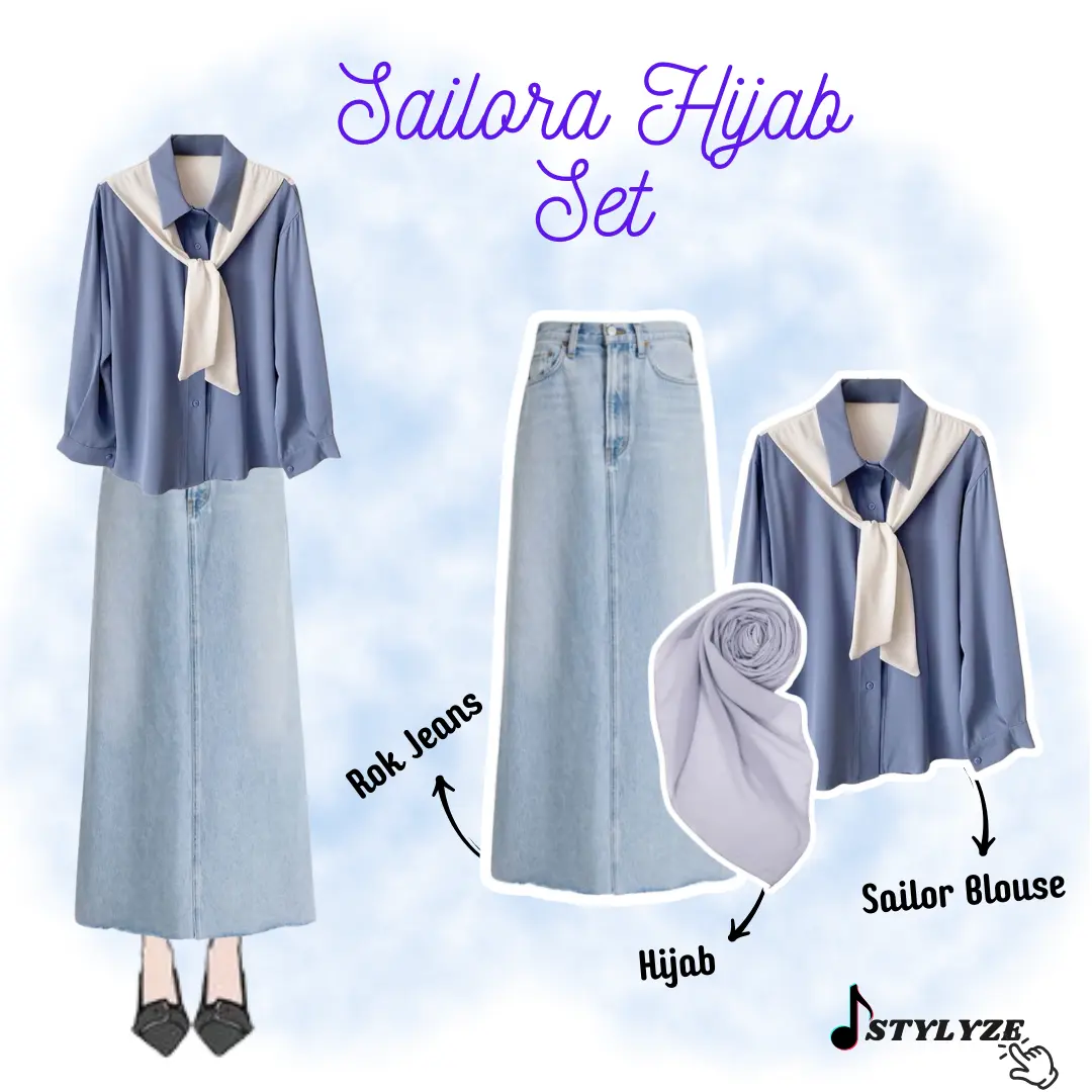 Sailora Hijab Set 3in1 Rok Jeans+Hijab+Sailor Blouse Bukber Series Remaja Wanita Muslim SZ50