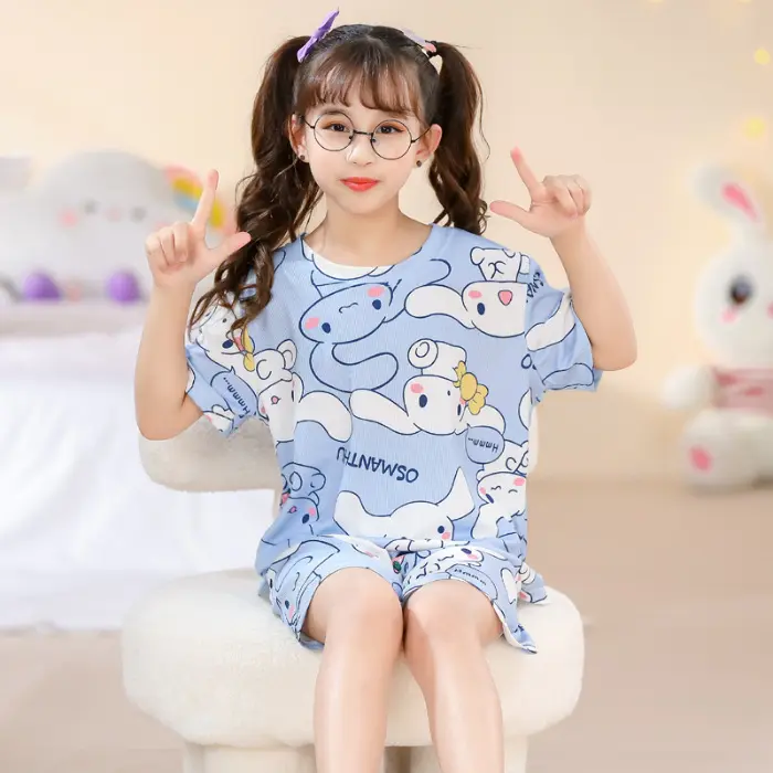 Setelan baju tidur anak kaos harian piyama lengan pendek celana pendek Fashion