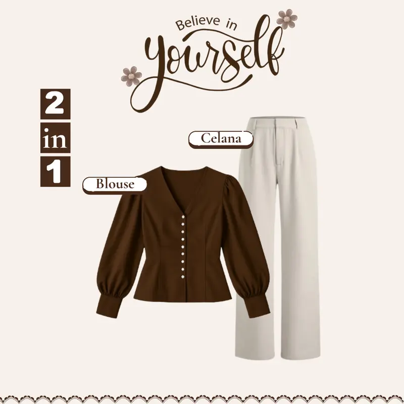 1 Set Outfit Remaja (Blouse Coklat Mahogany + Celana Kulot + Jilbab Bella square) Casual Style HO63N 2