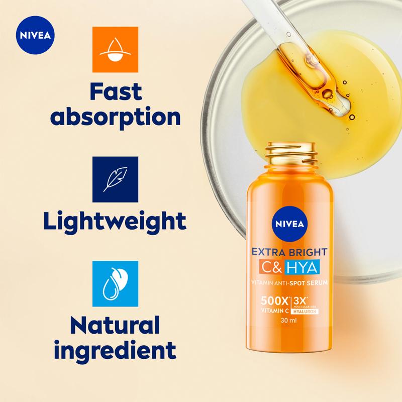Product Introduction of Nivea Extra Bright C & HYA Vitamin Serum 30ml Extra Bright & Bouncy Skin In 3 Days 500X Spot Reduction Extracted Orange 9