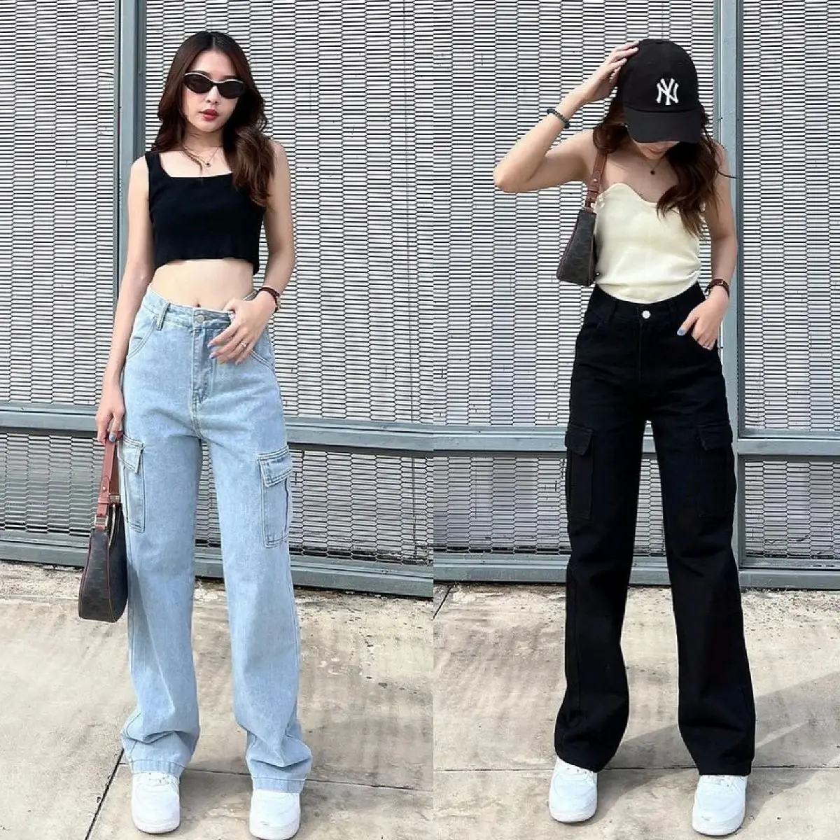 Highwaist Cargo Jeans Loose Wanita Kulot Cargo Jeans Bawahan Celana Kantong Panjang