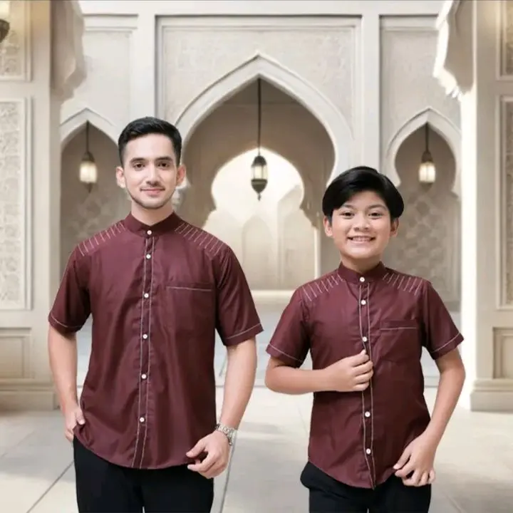 Naza Koko Couple Ayah Dan Anak Setelan Sarimbit Burgundy Koko lebaran Motip Benang Simpel Elegan 0