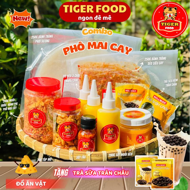 COMBO PHÔ MAI CAY Bánh Tráng Phơi Sương + Bánh Tráng Dẻo Cay &  Muối Tôm Hành Phi Phô Mai Cay + Bơ Béo + Muối Béo + Tóp Mỡ + Sốt tắc chua ngọt  TIGER FOOD tặng kèm Trà Sứa Trân Châu - Đồ ăn vặt Snack Freeship Nước Sốt Gia Vị