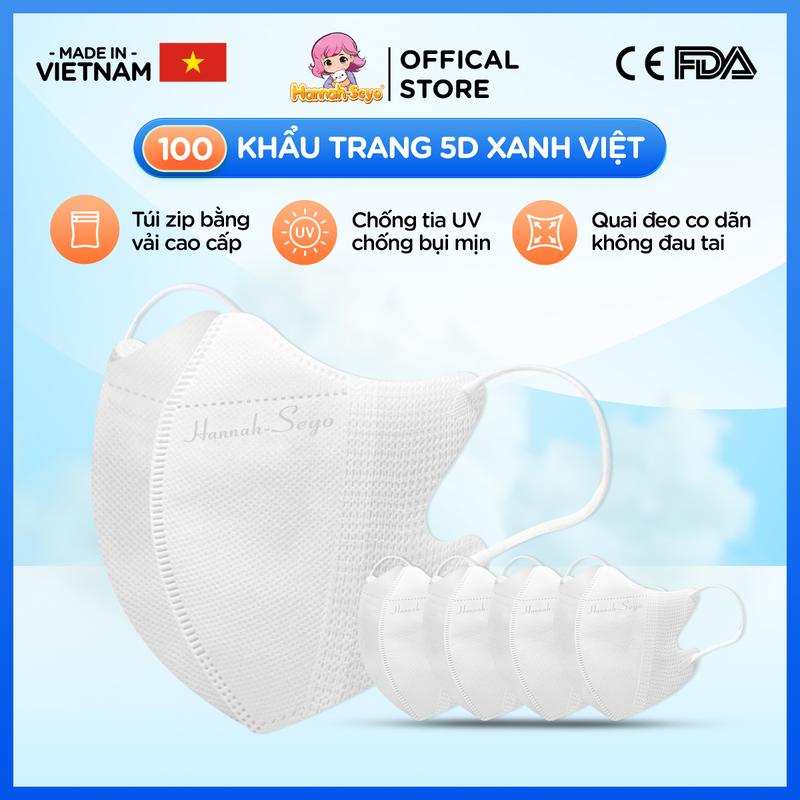 FLASH SALE GIÁ TỐT THÙNG 100 cái Khẩu trang 5D Xanh Việt HANNAH-SEYO chống tia UV & Bụi Mịn 3 Lớp Cao Cấp Thiết Kế Thông Minh Quai Co Giãn Chống Hơi Nước