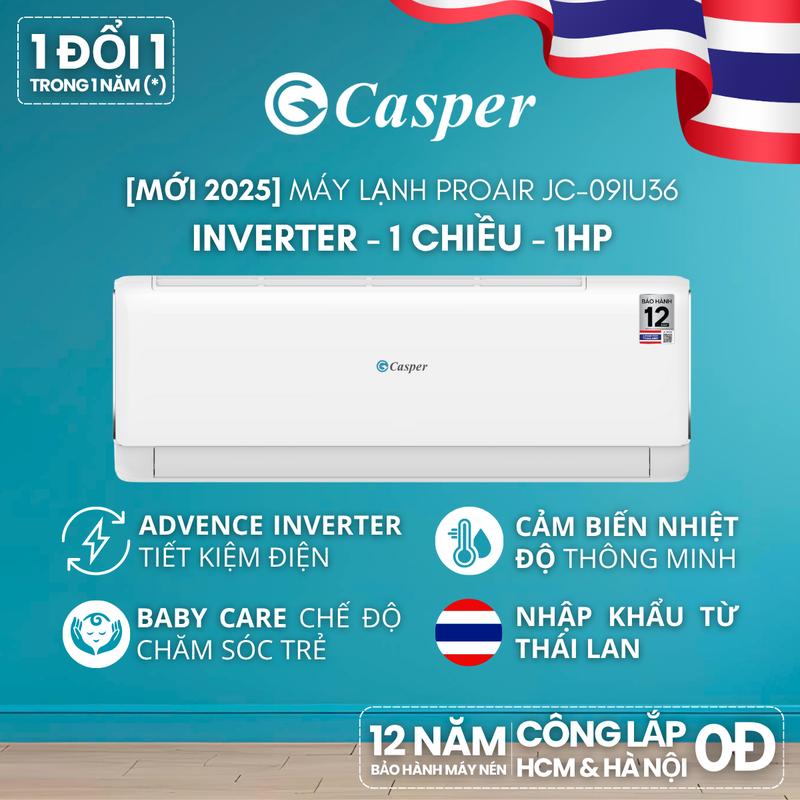 [Lắp đặt 0Đ HCM/HN] Máy lạnh/ Điều hòa Casper Inverter ProAir 1 chiều 1HP JC-09IU36 - Chính hãng - Bảo hành 3 năm