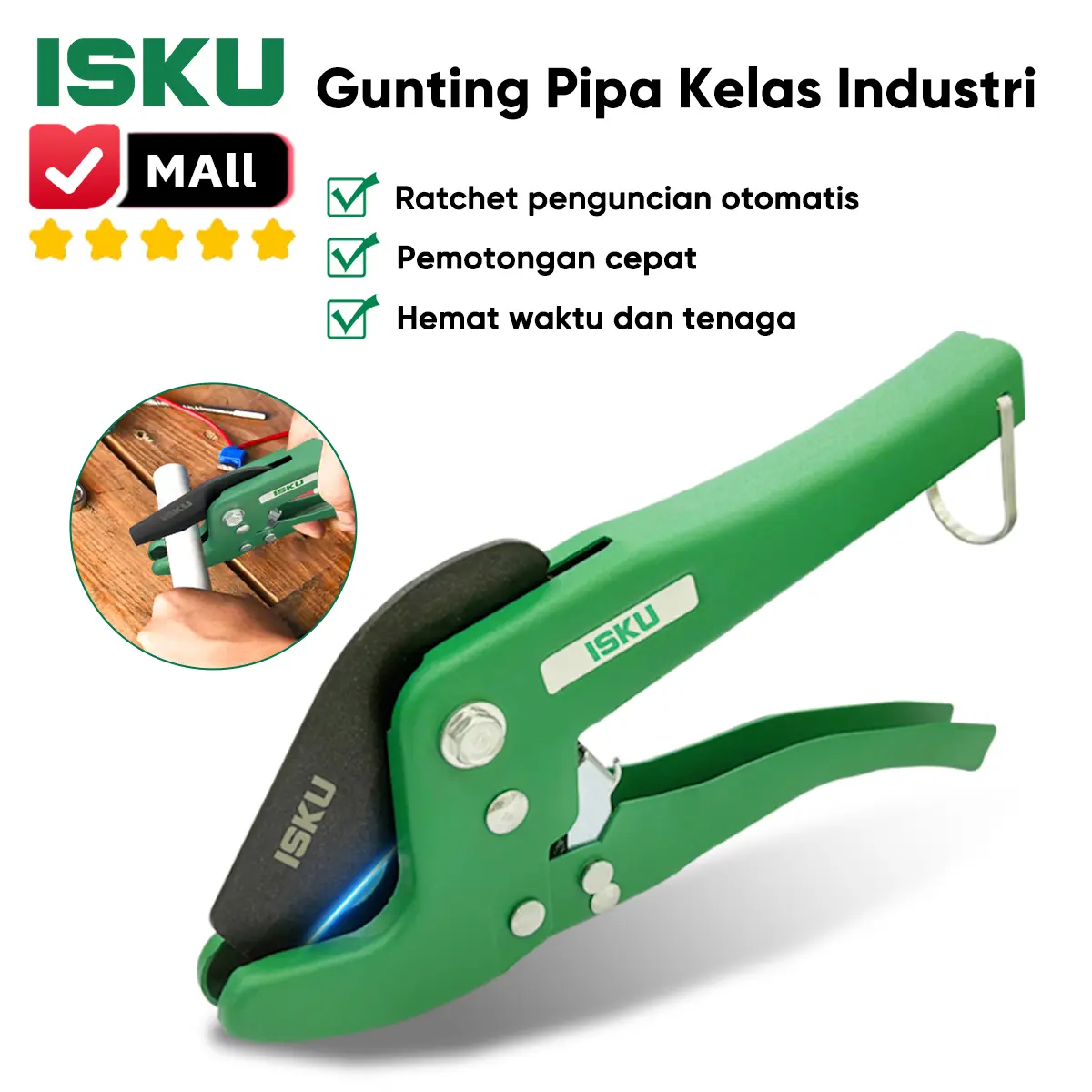 ISKU Gunting Pipa Paralon PVC PPR Baja SK5 Berlapis Teflon Tajam Maksimal Potong Pipa Lurus Mulus Anti Pecah Alat Tukang Ledeng Heavy Duty Sistem Ratchet Otomatis Super Ringan Tang Potong Pipa Plastik Kunci Pengaman