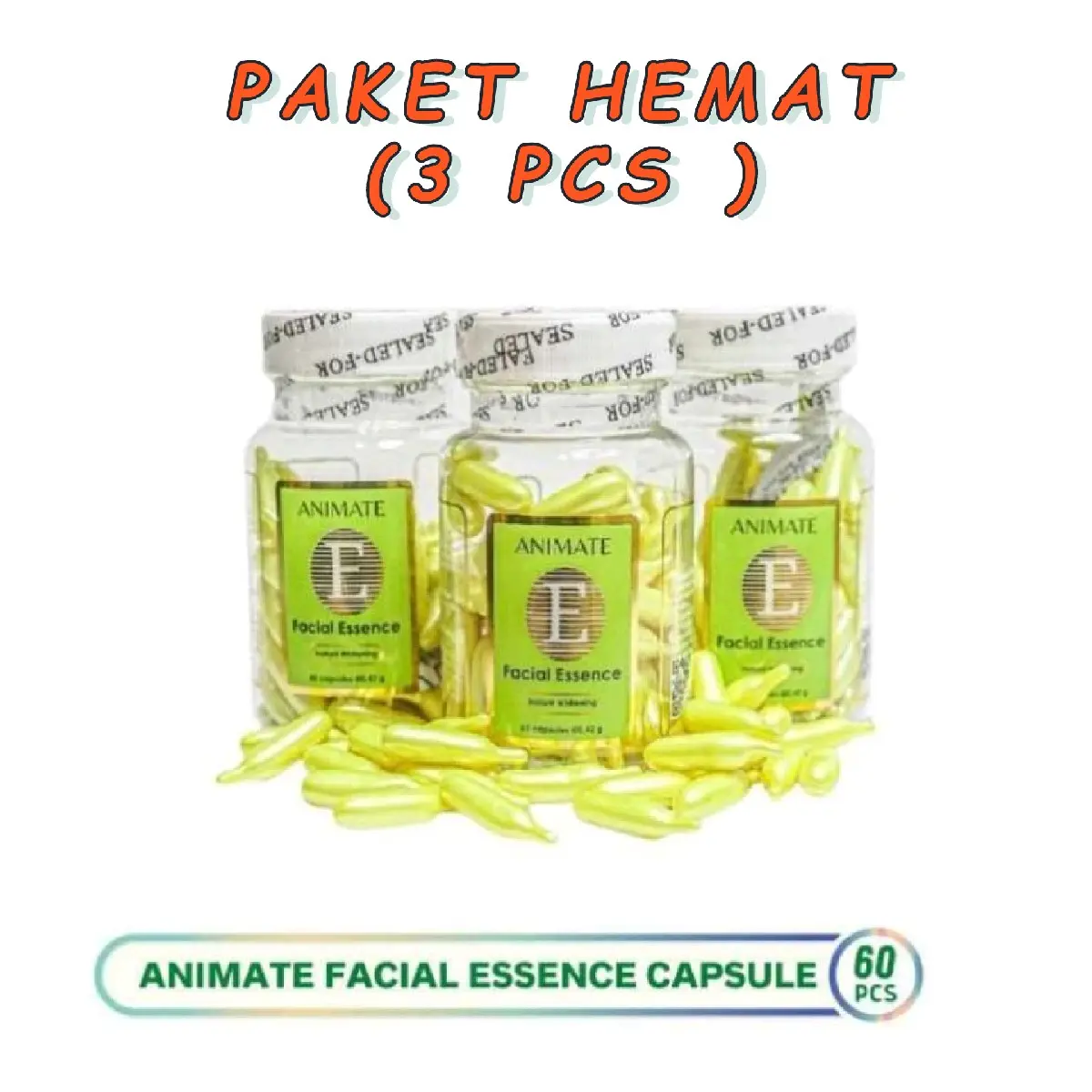 3 pcs ANIMATE SERUM WAJAH VITAMIN E [ ISI 60 KAPSUL]FACIAL ESSENCE Perawatan  Pencerah Muka dan Tubuh Hitam Mencerahkan Memutihkan
