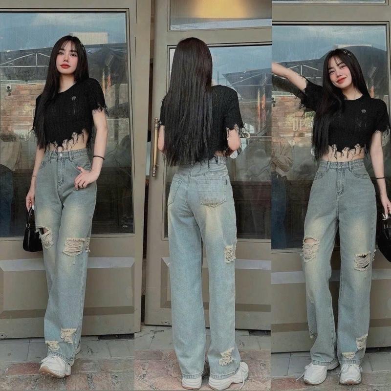 (S-XL dài 103cm) Quần Jeans Suông Nữ Lưng cao - Rách - Tông màu vàng bụi - chất jean cotton mềm nhẹ - tôn dáng, jean không giản. 5578