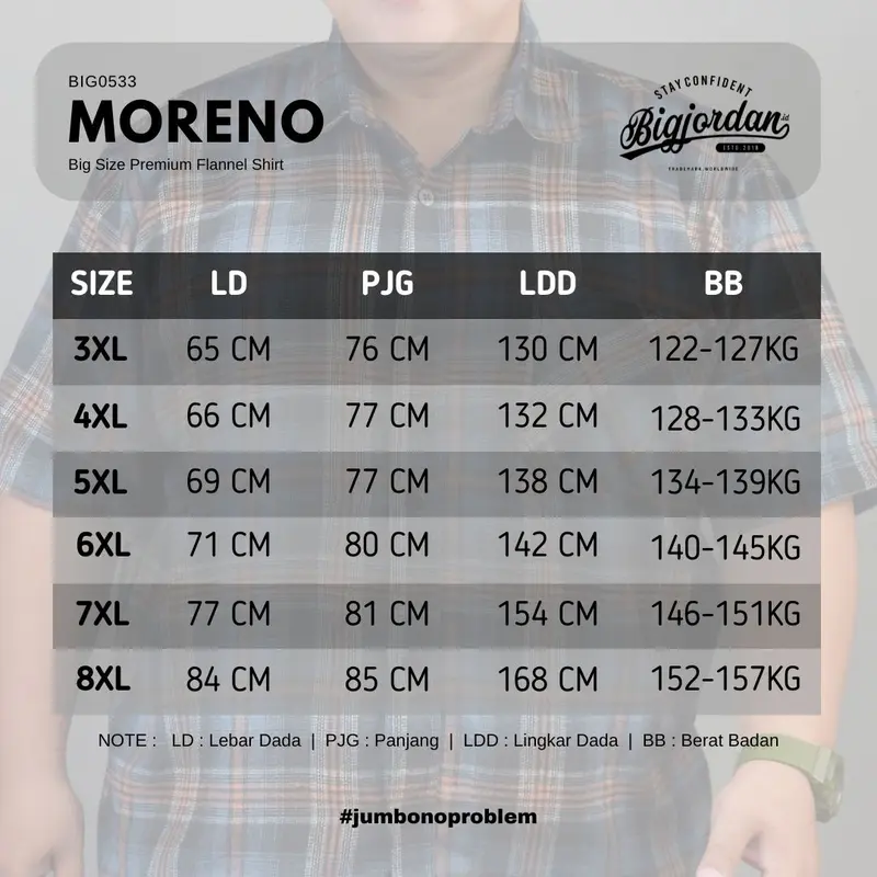 Bigjordan Id. Moreno kemeja flannel lengan pendek biru size jumbo big size 3XL 4XL 5XL 6XL 7XL 8XL pria oversize 4