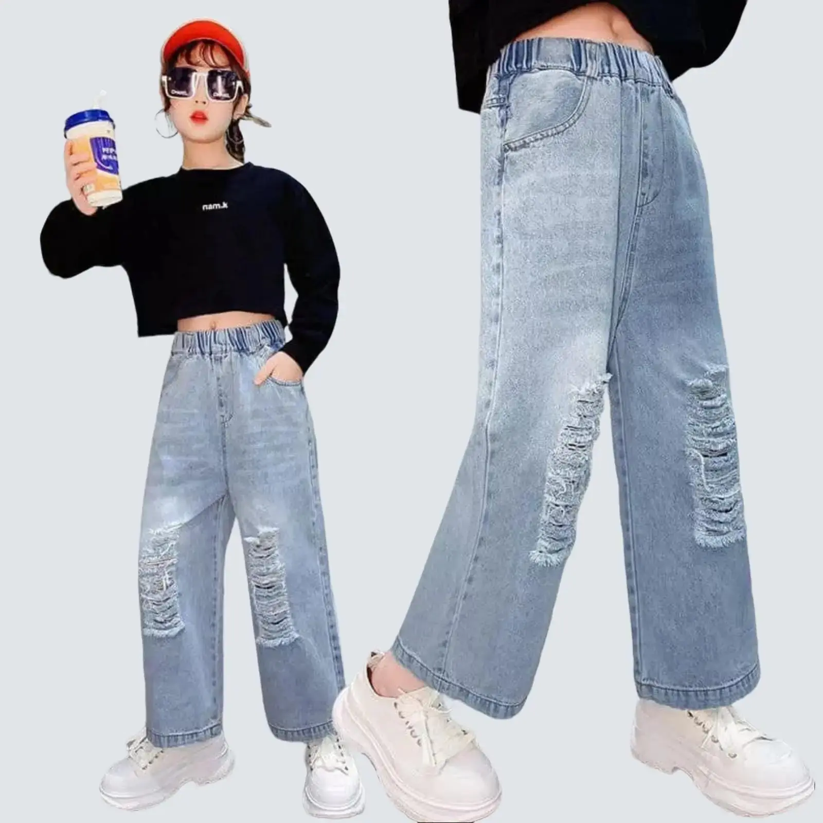 JEANS KULOT ANAK UMUR 6-11 TAHUN MODEL KULOT JEANS Polos Fashion 10-11 tahun snowhitam bawahan celana –12 korean style