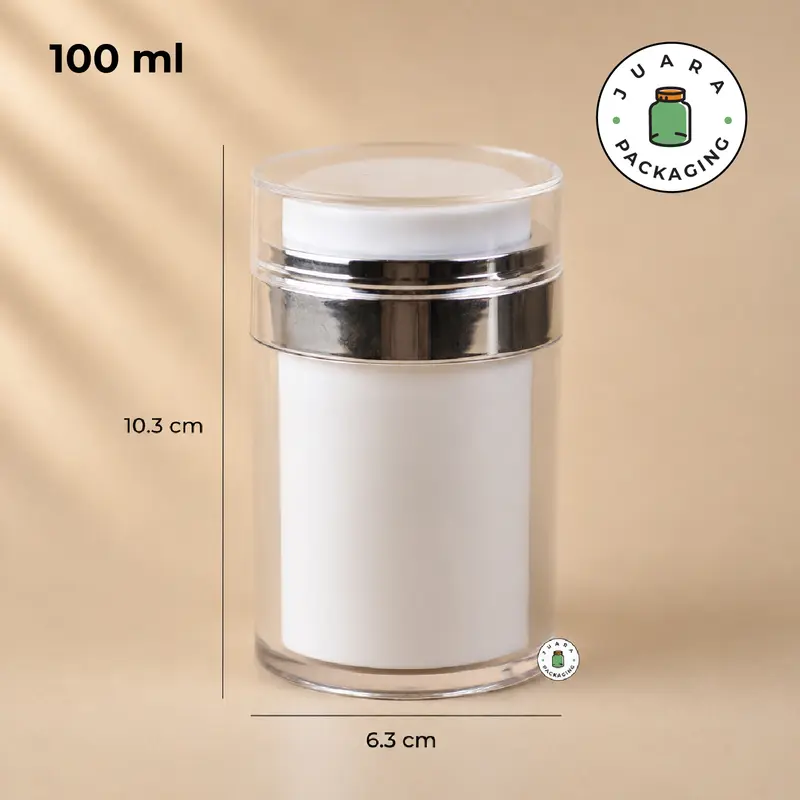 Pot Cream Airless 30ml Bahan Akrilik dengan List Silver & Pump – Wadah Kosmetik Elegan untuk Skincare, Krim Wajah, Lotion, Serum, Kemasan Refill Jar Premium 30 ml