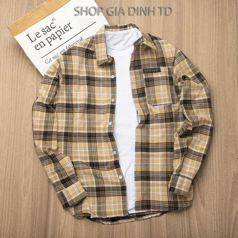 Áo Sơ Mi Flannel Logo Túi ᵰgực Kẻ Caro Dài Tay Nam Nữ Thơi Trang Trẻ Trung Chất Cotton Dày Dặn Thoáng Mát - Có Cổ - Menswear - Mix Logo Túi ᵰgực