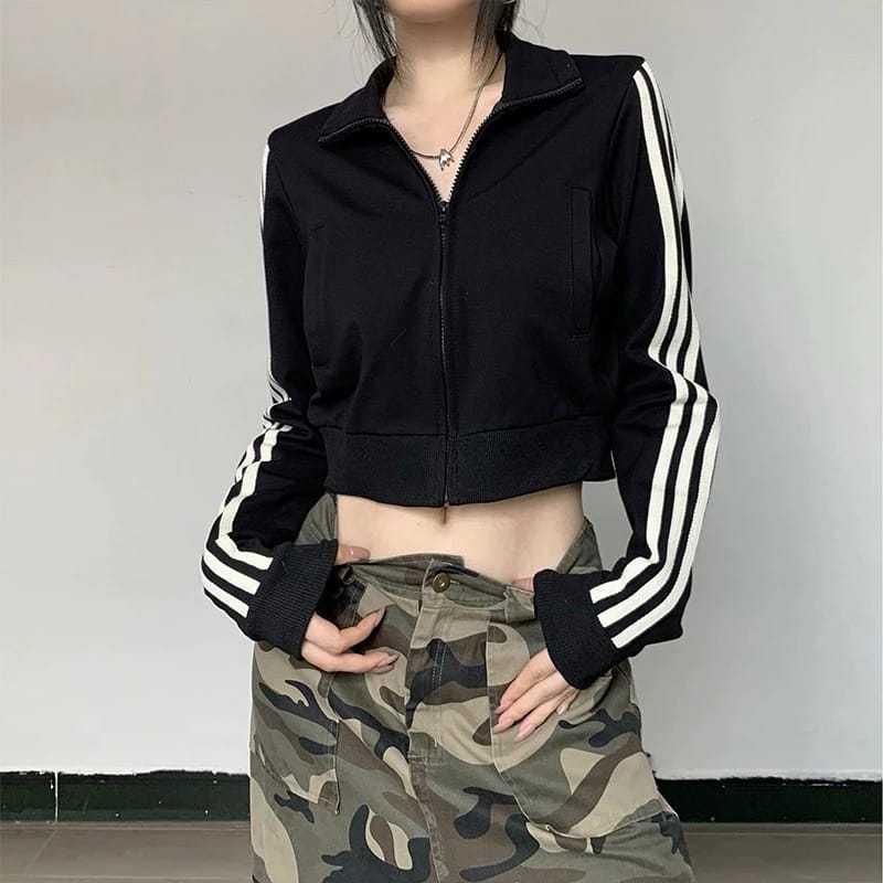 Jaket Crop Wanita - Stand Collar Jaket Vintage Crooped Korean Style Kekinian 3