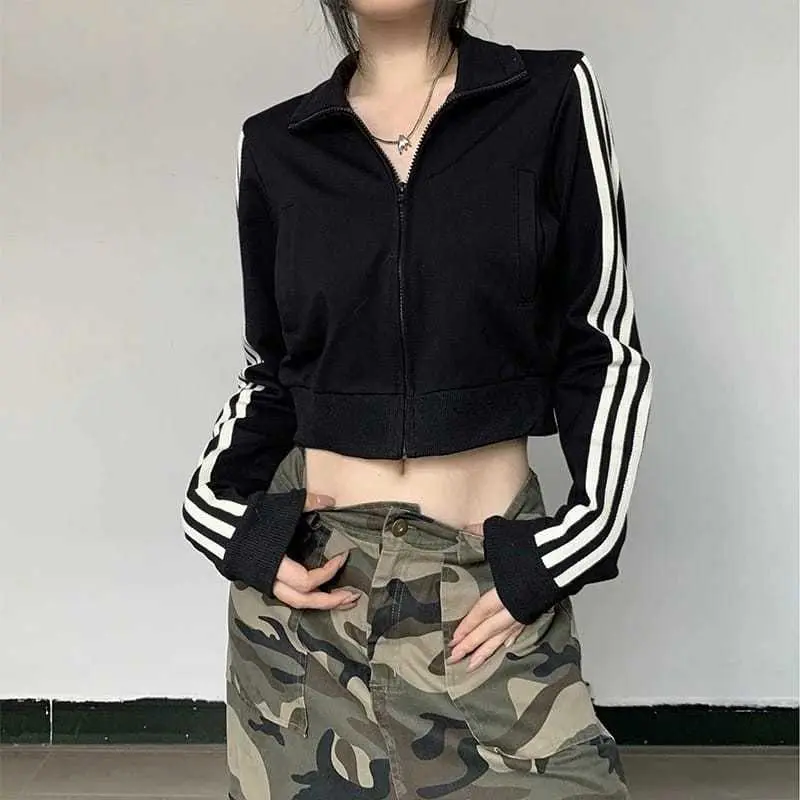 Jaket Crop Wanita - Stand Collar Jaket Vintage Crooped Korean Style Kekinian 3