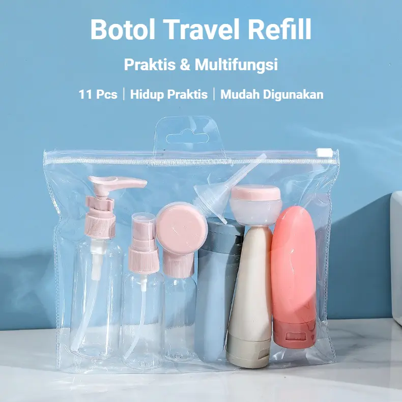 11PCS Set Botol Isi Ulang Travel Refill Kosmetik Botol Pompa & Semprot Silikon Lembut Anti Bocor Portable Praktis Tempat Shampoo Sabun Losion Perlengkapan Liburan