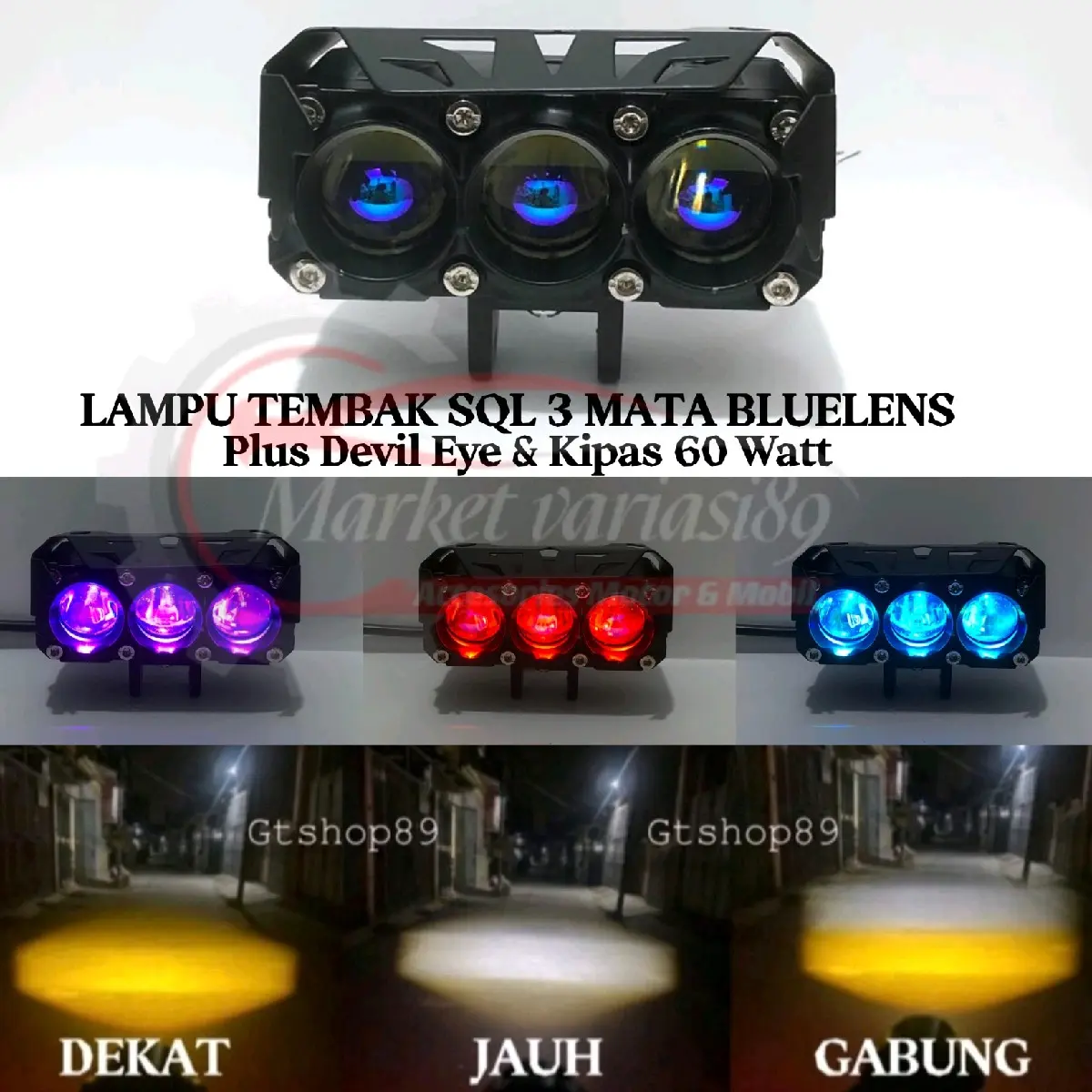 Lampu Tembak LED Laser SQL 3 Mata Super S Blue Lens 60 Watt Bahan Full Allumunium Plus Devil & Kipas Pendingin Car