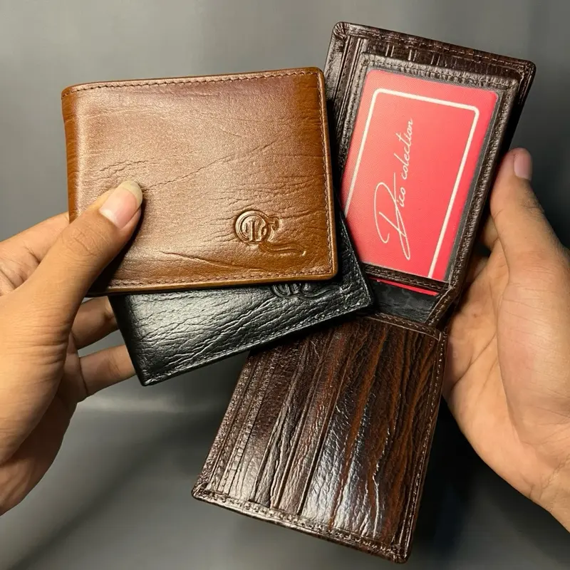 [ABG 012 DBR] Dompet mini untuk pria, terbuat dari kulit sapi asli motif serat kayu Kartu Uang 1